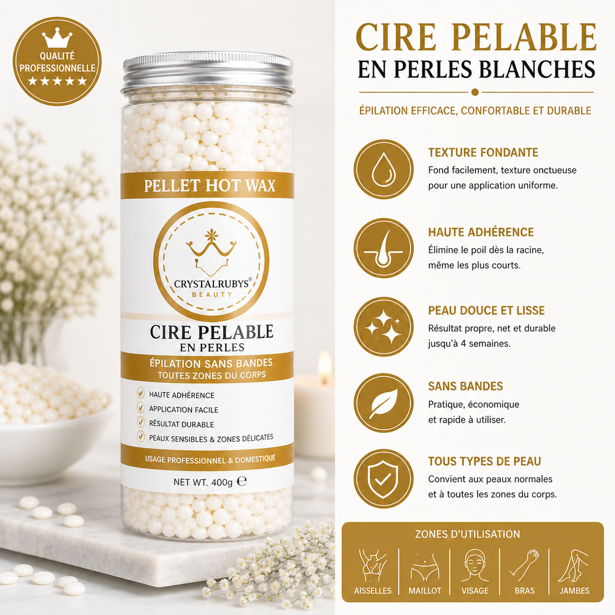 Cire Pelable en Perles Blanches – Épilation Sans Bandes Haute Précision