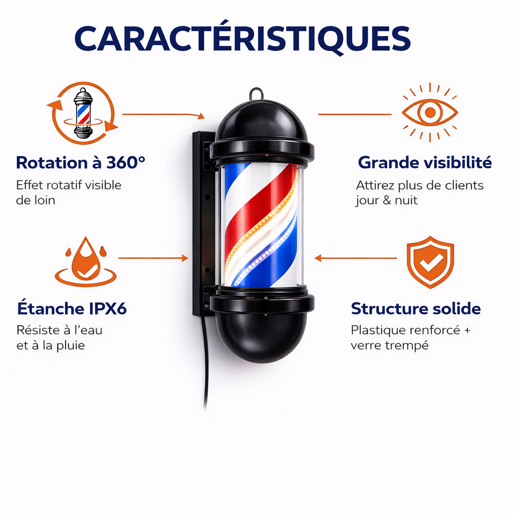Mini Barber Pole Lumineux LED Rotatif – Enseigne Murale Compacte pour Salon de Coiffure & Barbier