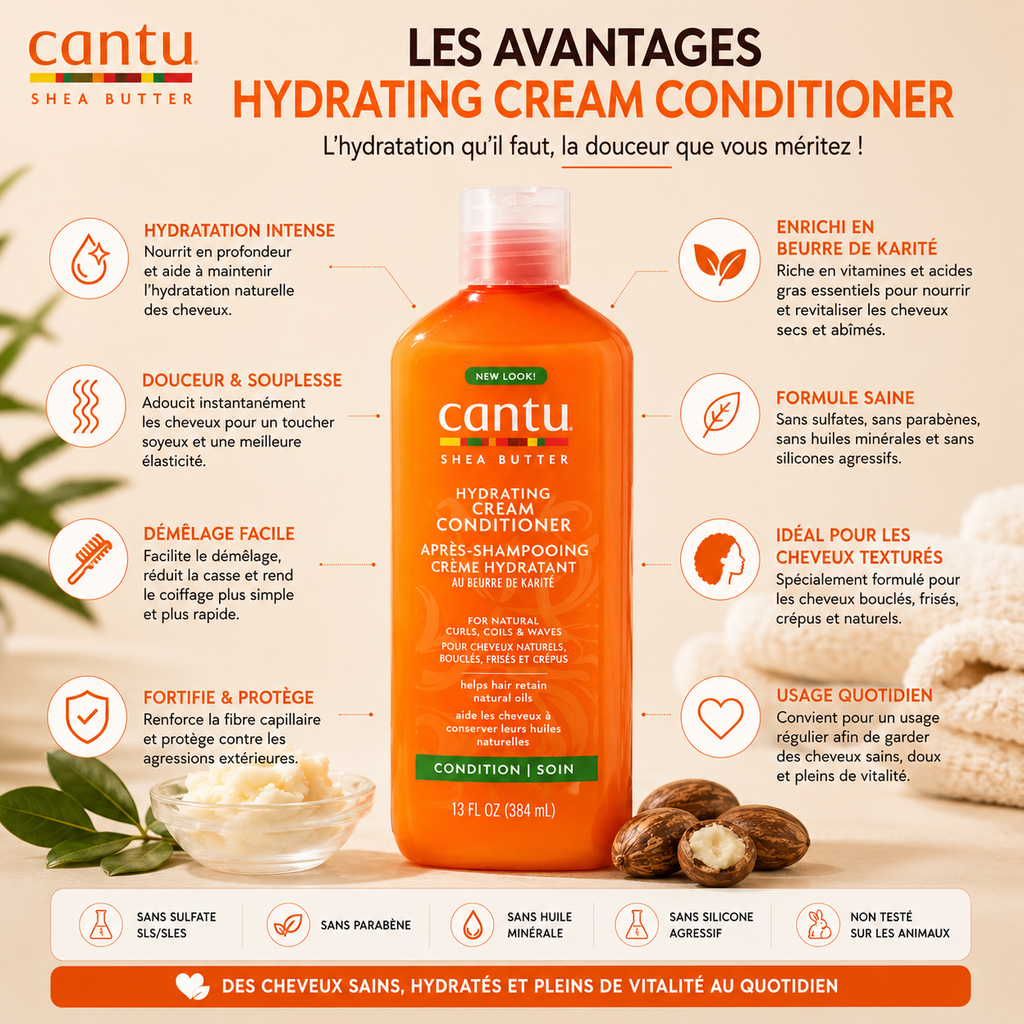 Cantu Shea Butter Hydrating Cream Conditioner – Après-Shampooing Hydratant Sans Sulfate Pour Cheveux Bouclés, Frisés & Crépus