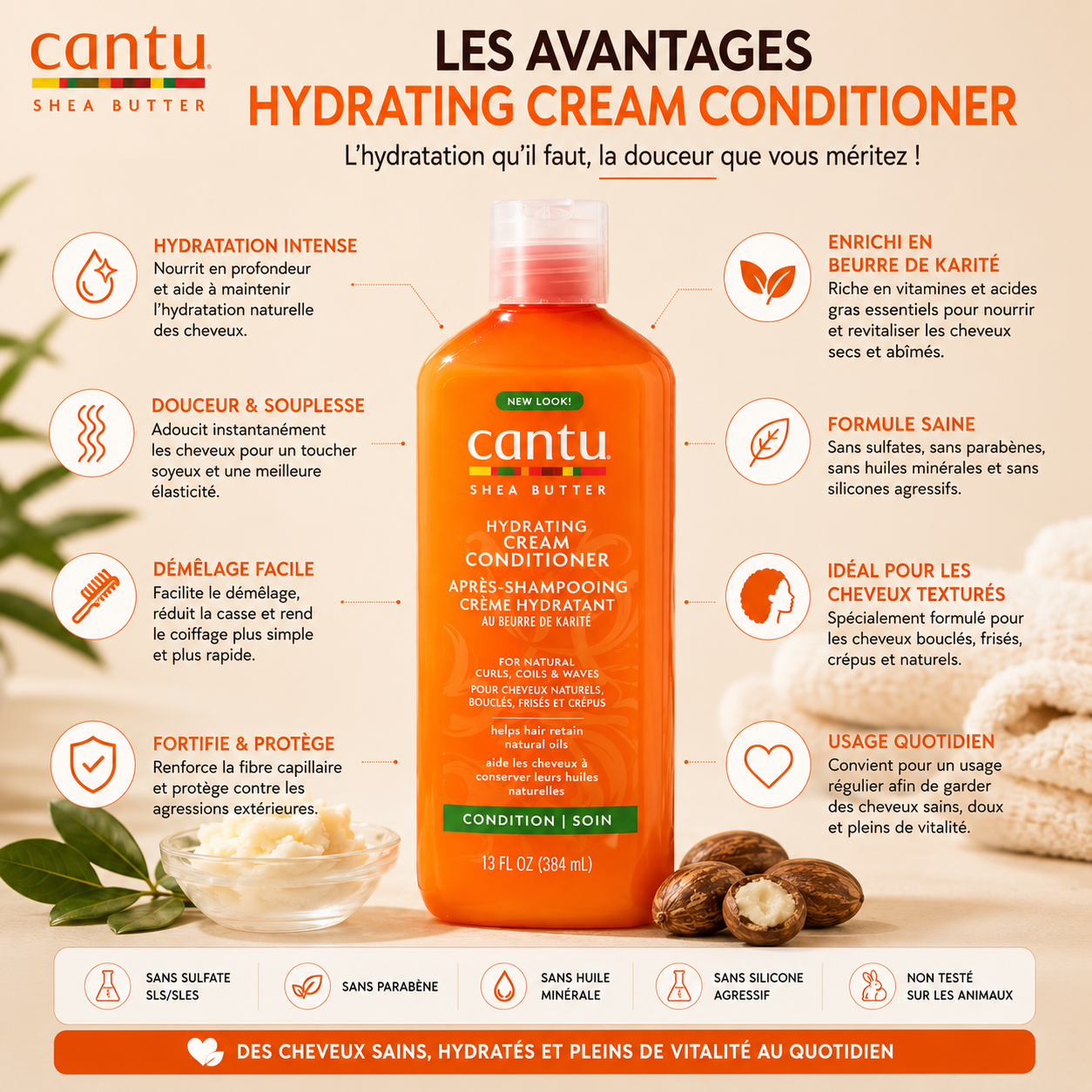 Cantu Shea Butter Hydrating Cream Conditioner – Après-Shampooing Hydratant Sans Sulfate Pour Cheveux Bouclés, Frisés & Crépus