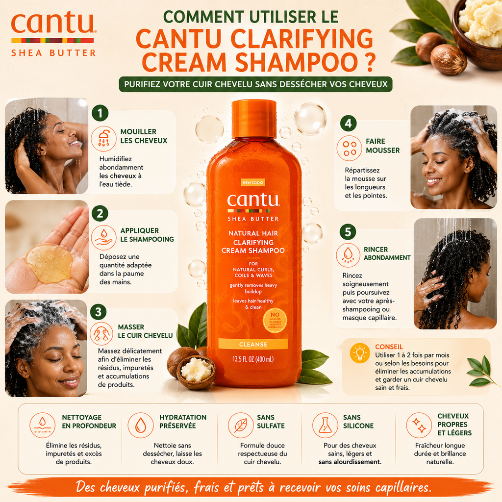 Cantu Shea Butter Natural Hair Clarifying Cream Shampoo – Shampooing Clarifiant Hydratant Sans Sulfate Pour Cheveux Bouclés, Frisés & Crépus