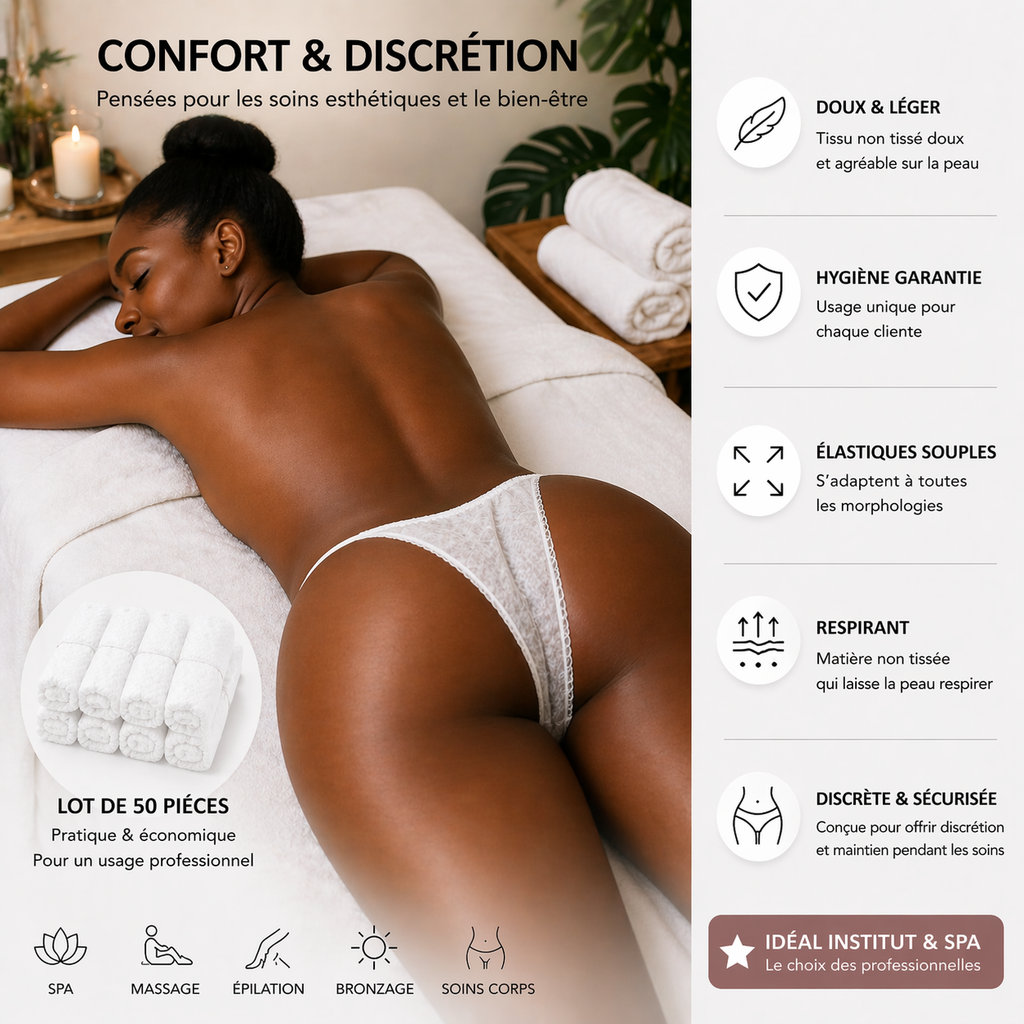 Lot de 50 Culottes String Jetables Blanches – Sous-Vêtements Spa & Soins Esthétiques