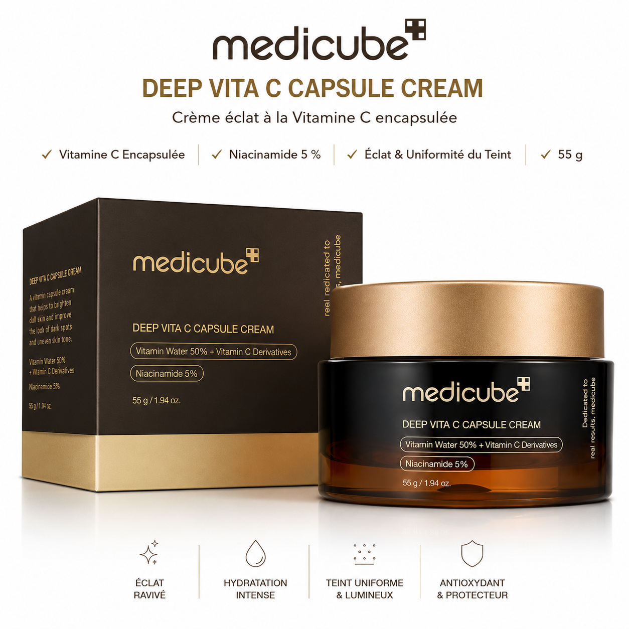 Medicube Deep Vita C Capsule Cream – Crème Éclat à la Vitamine C et Niacinamide pour Taches et Teint Uniforme – 55 g