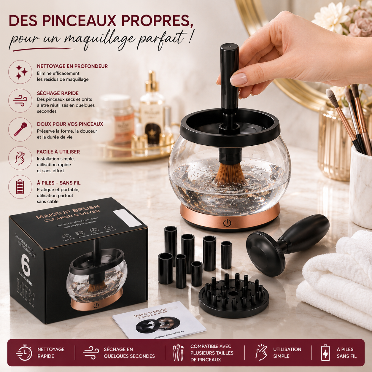 Kit Nettoyeur & Séchage de Pinceaux Maquillage à Piles