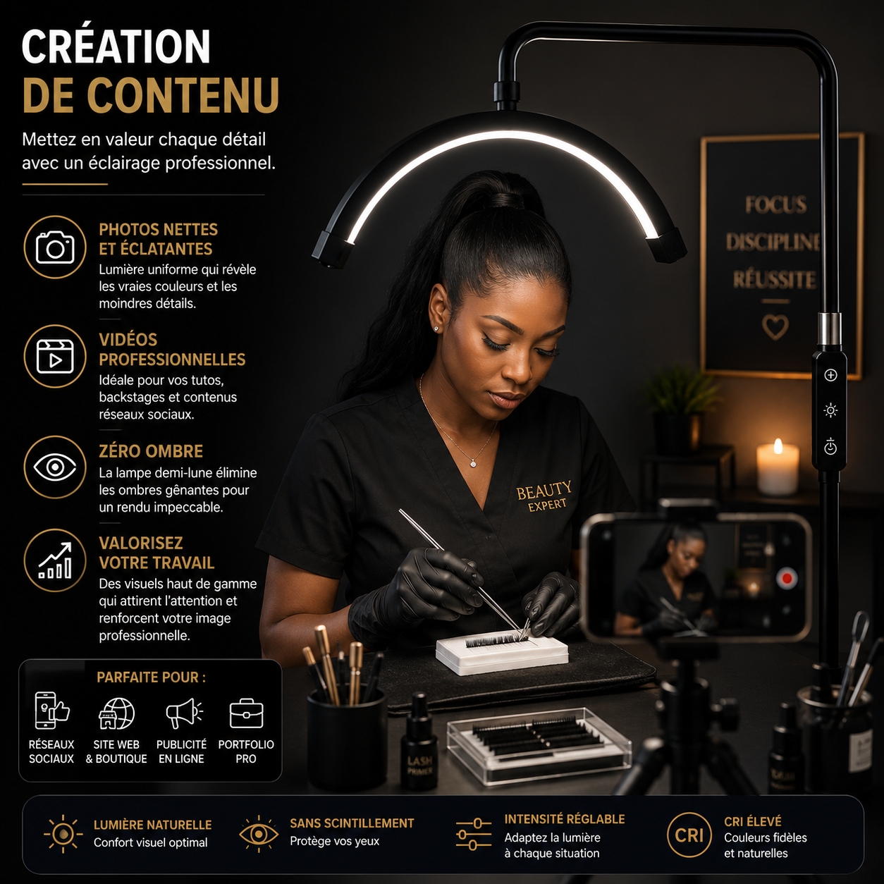 Lampe LED Demi-Lune sur Pied pour Esthéticienne – Éclairage Réglable Professionnel Lash & Beauté