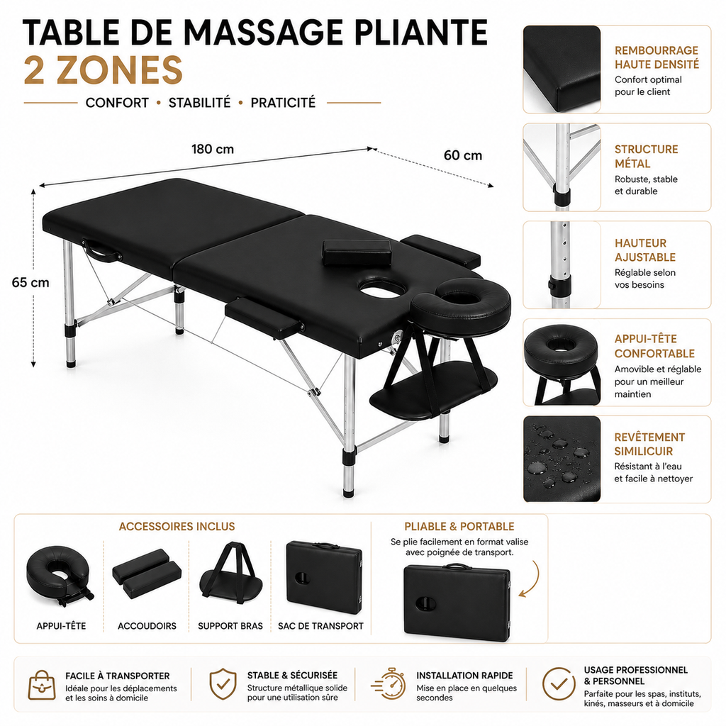 Table de Massage Pliante Professionnelle 2 Zones  – Structure Métal, Portable & Réglable - Avec Sac (Noir)