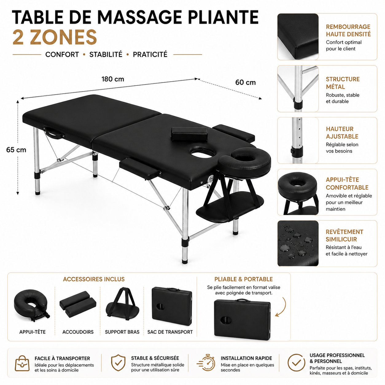 Table de Massage Pliante Professionnelle 2 Zones  – Structure Métal, Portable & Réglable - Avec Sac (Noir)