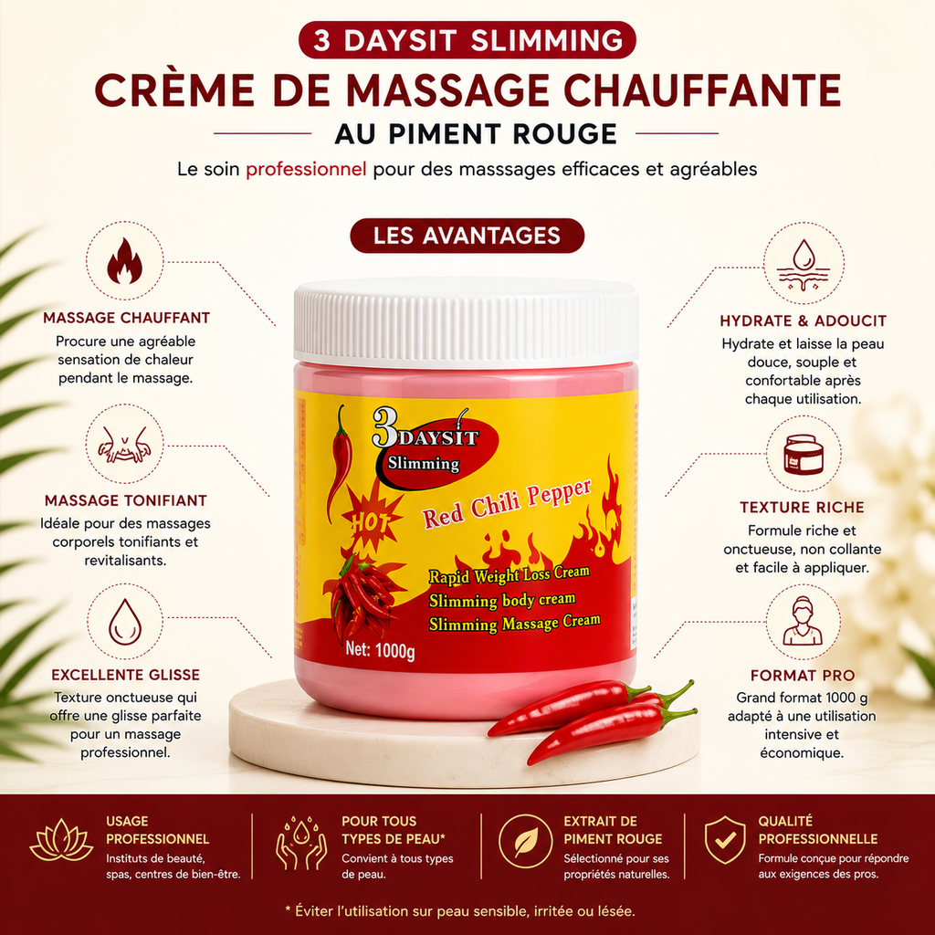 3 Daysit Slimming Burns Fat – Crème De Massage Chauffante Au Piment Rouge 1000 g