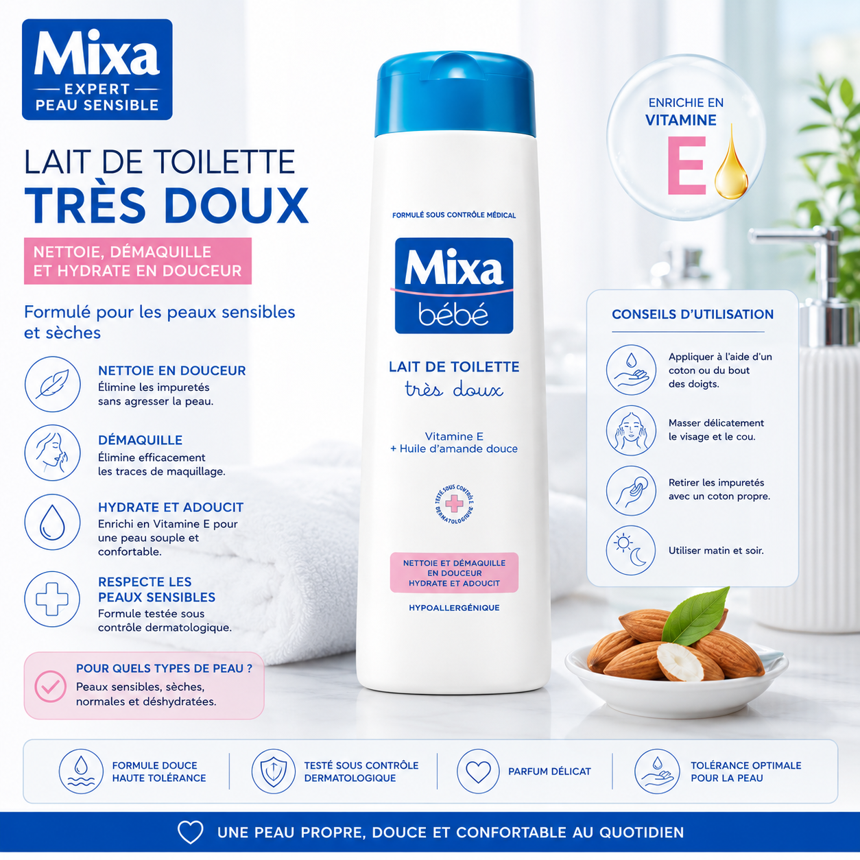 Mixa Lait De Toilette Très Doux 300ml – Nettoyant & Démaquillant Doux Pour Peaux Sensibles