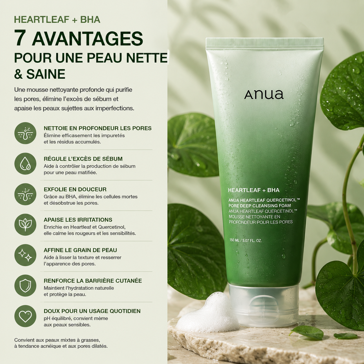 ANUA Heartleaf Quercetinol Pore Deep Cleansing Foam – Mousse Nettoyante Purifiante – 150ml