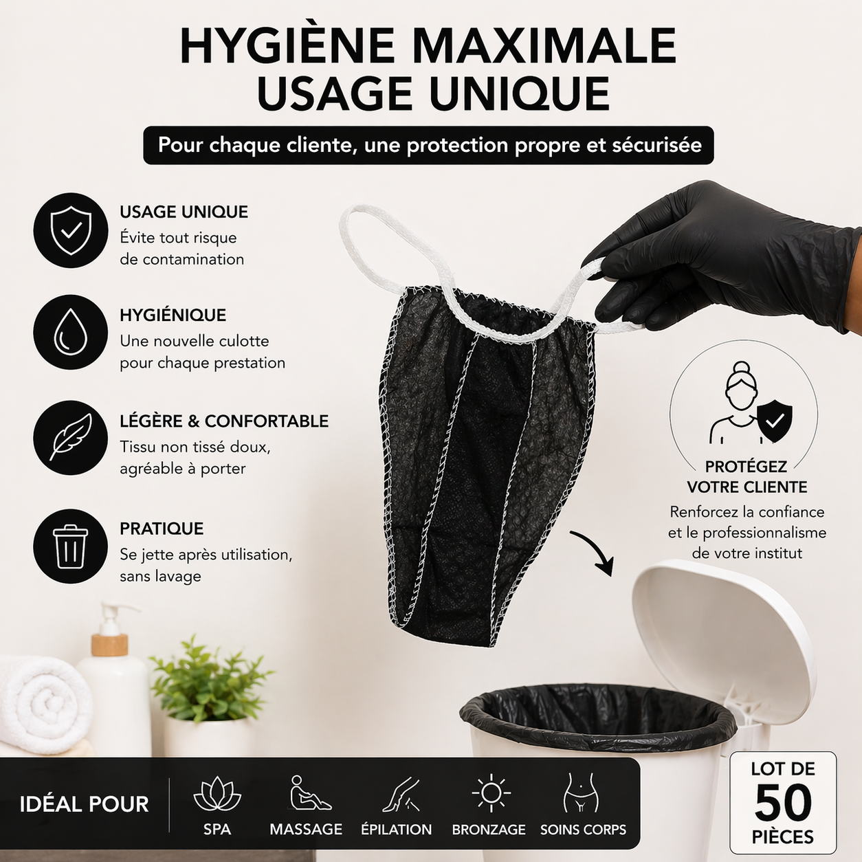 Lot de 50 Culottes String Jetables Noires – Sous-Vêtements Spa & Soins Esthétiques