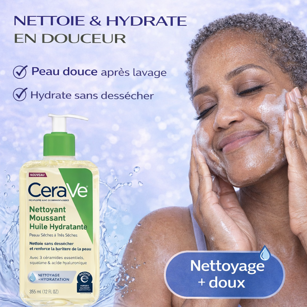 CeraVe Nettoyant Moussant Huile Hydratante – Nettoie Sans Dessécher – Peaux Sèches à Très Sèches 236ml