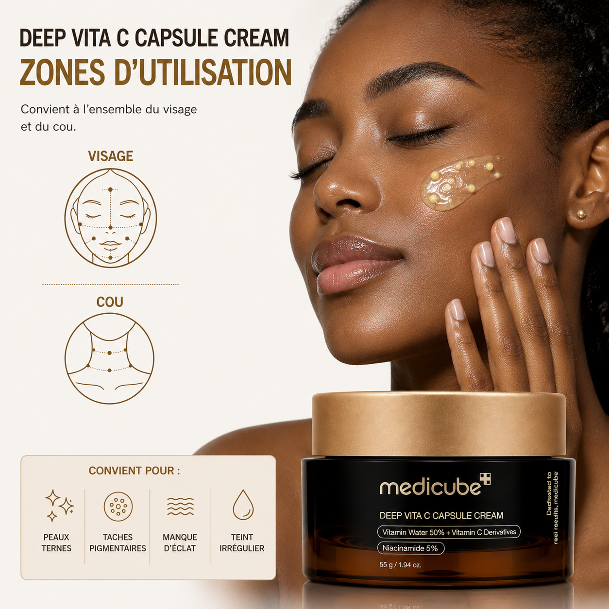 Medicube Deep Vita C Capsule Cream – Crème Éclat à la Vitamine C et Niacinamide pour Taches et Teint Uniforme – 55 g