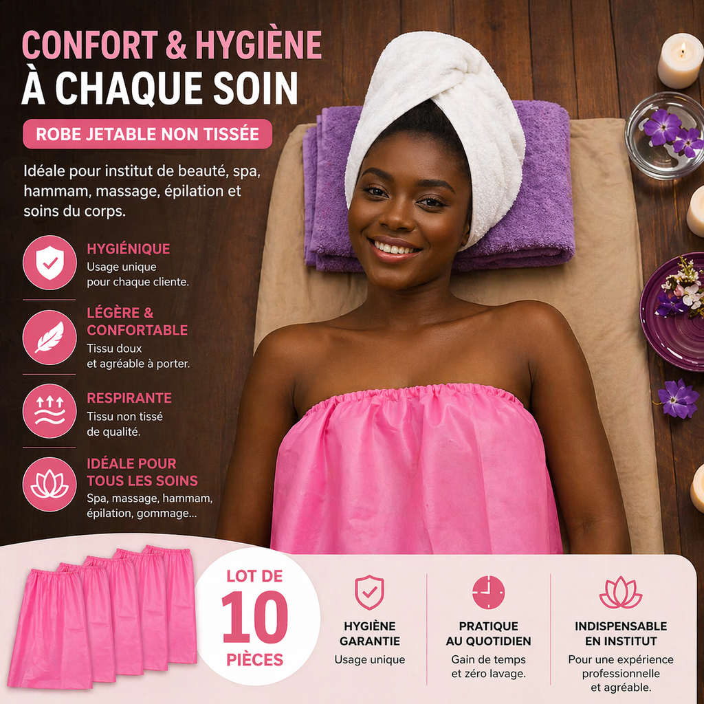 Lot de 10 Robes Jetables Femme Non Tissées – Serviette SPA Usage Unique Élastique – Idéale Institut, Massage, Hammam (Lot Économique)