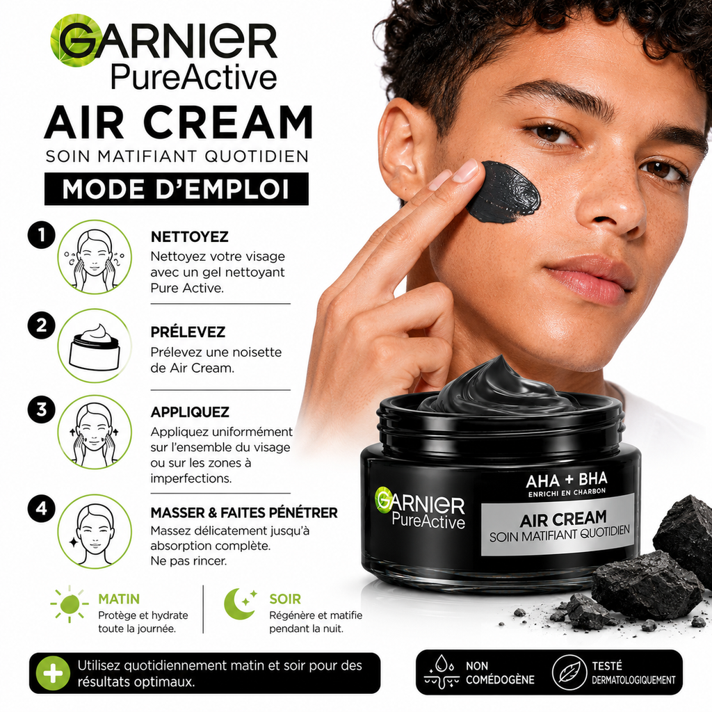 Garnier Pure Active Air Cream – Soin Matifiant Quotidien 3-en-1 AHA + BHA Enrichi En Charbon