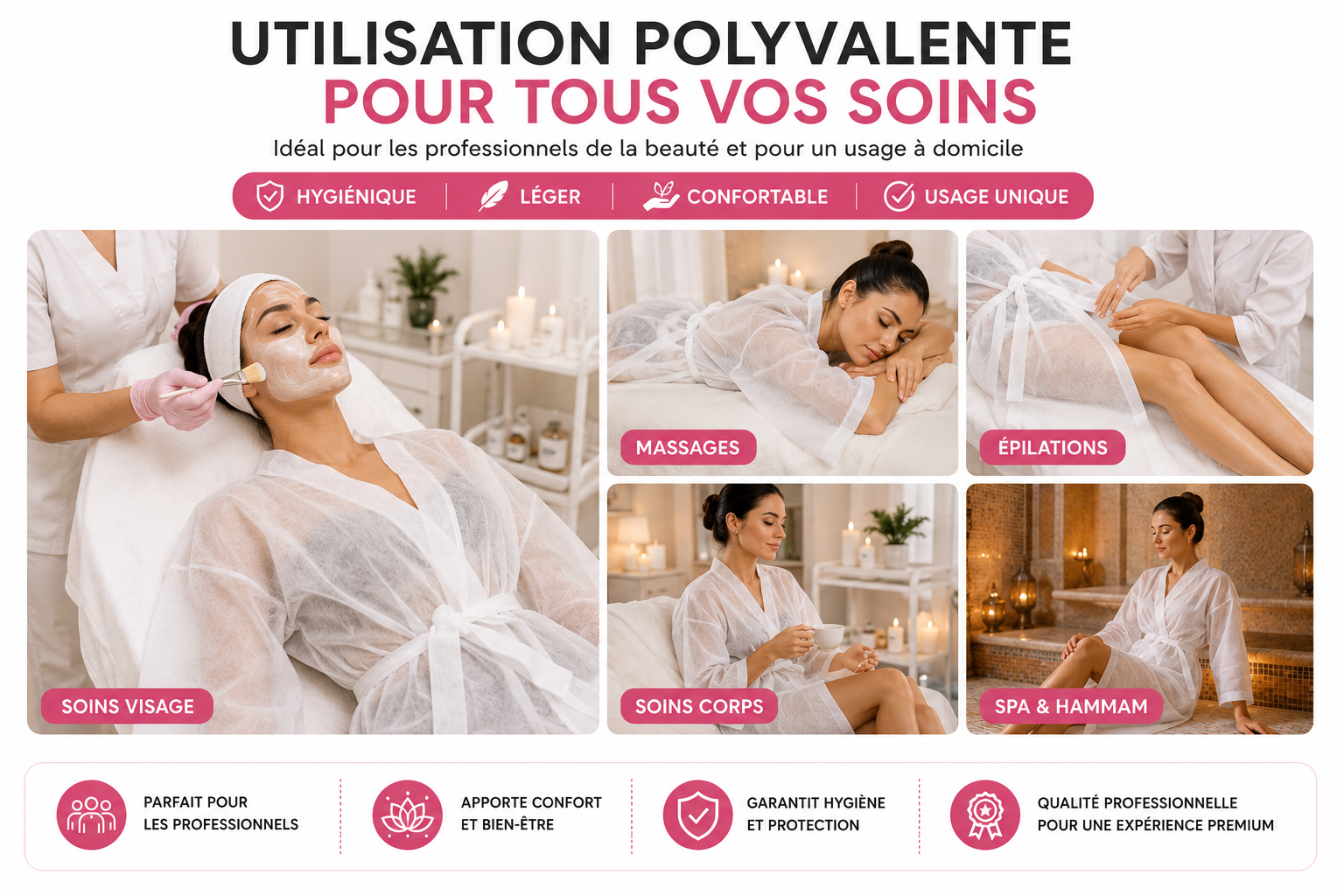 Pack de 10 Peignoirs Jetables Femme – Kimono Blanc Non Tissé pour Spa, Institut & Esthétique
