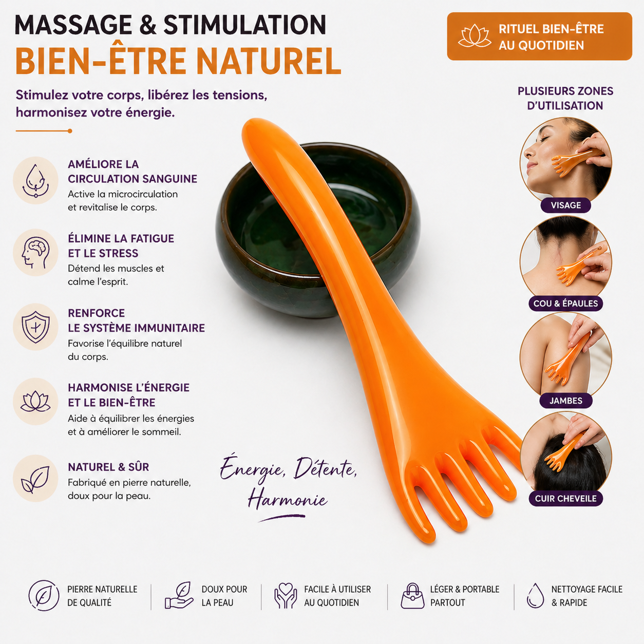 Masseur Cuir Chevelu Gua Sha 5 Griffes – Ohio Eur - Relaxation & Stimulation – Massage Tête, Cou & Corps