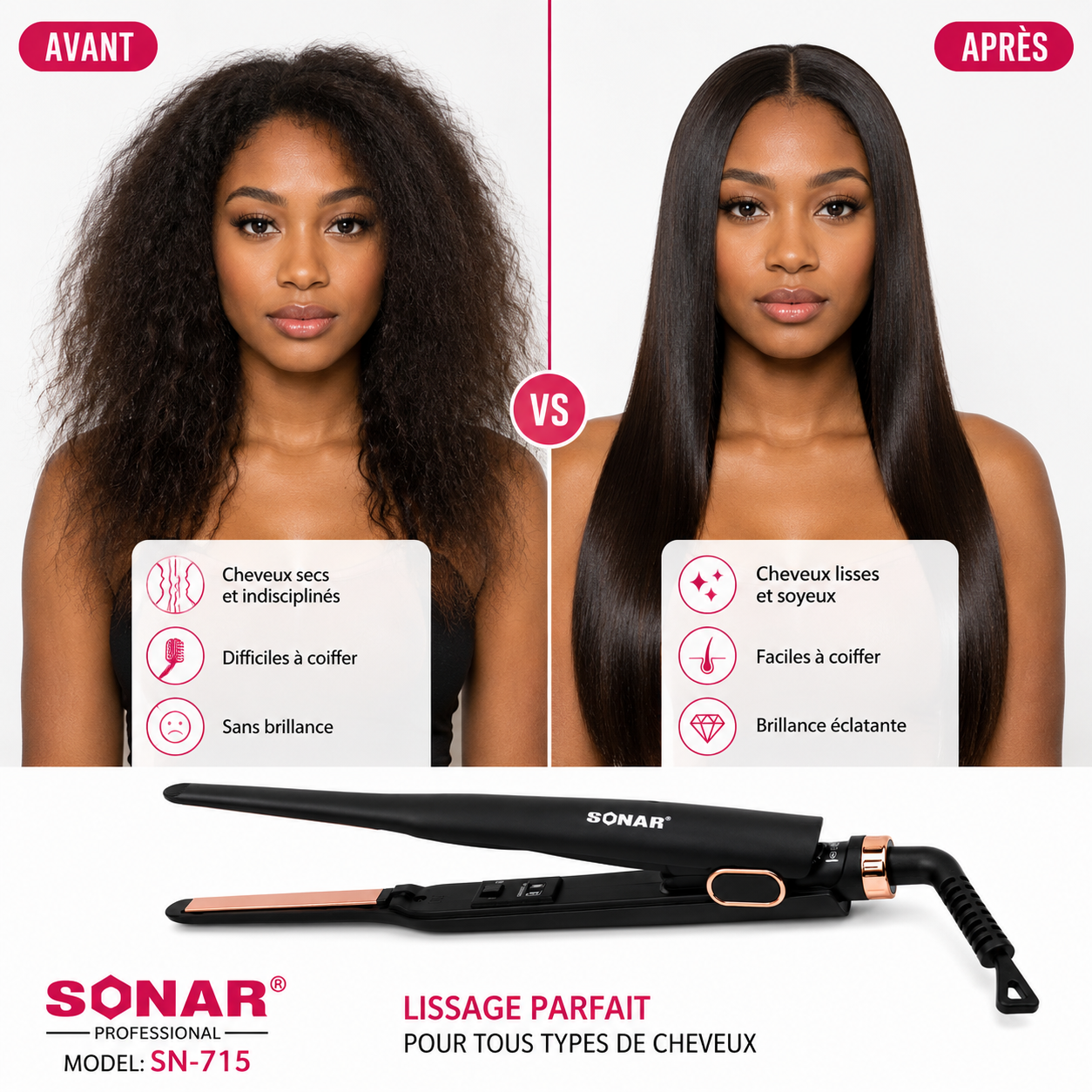 Fer à Lisser Professionnel SONAR SN-715 – Lisseur Céramique Haute Température 950°F