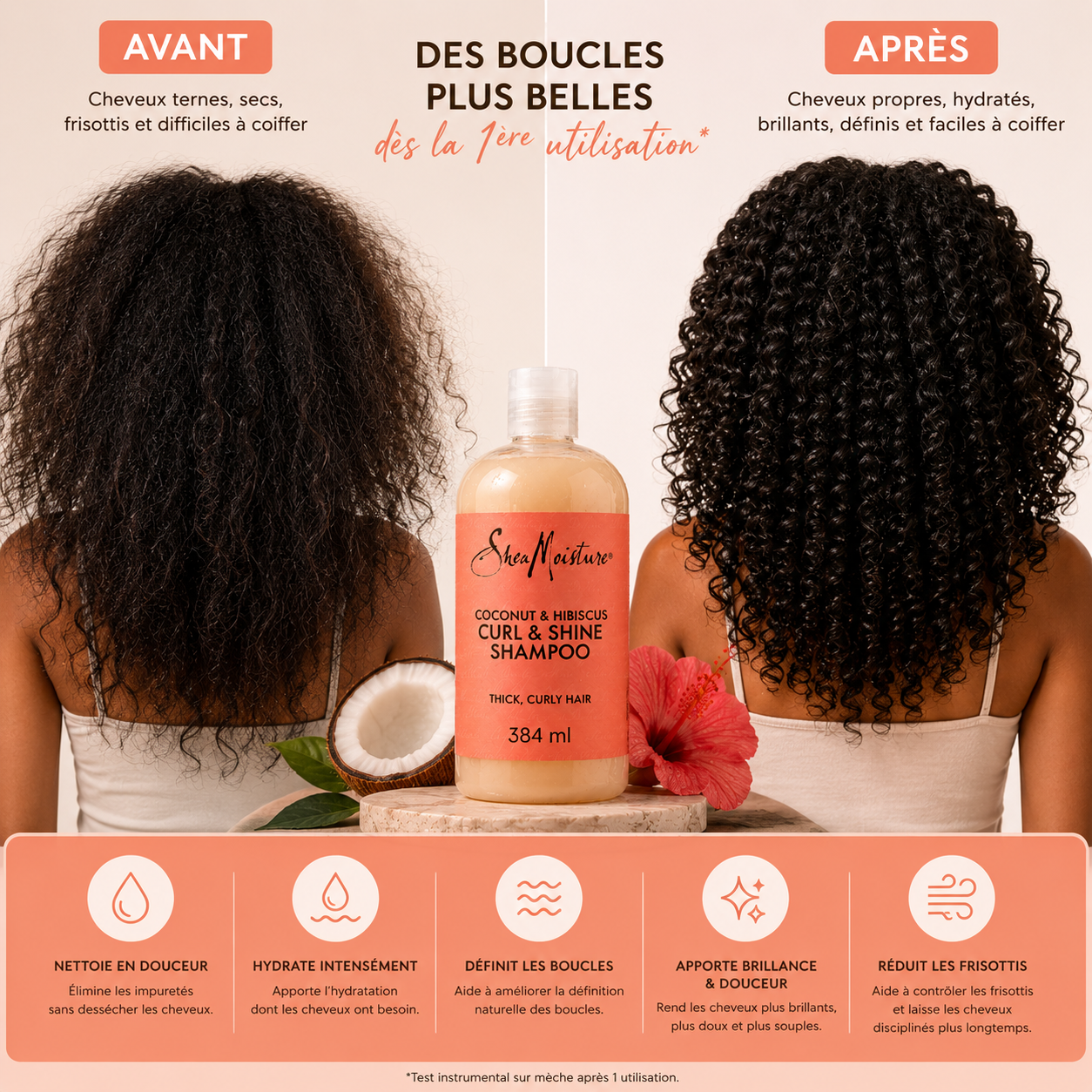 SheaMoisture Coconut & Hibiscus Curl & Shine Shampoo 384ml – Shampooing Boucles & Brillance Pour Cheveux Bouclés, Frisés & Crépus