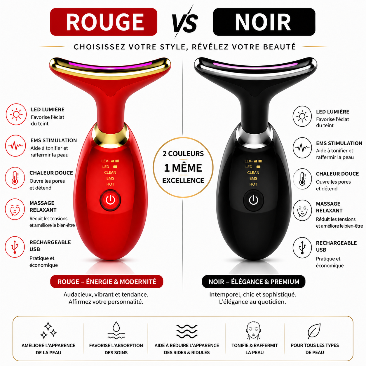 Appareil de Massage Visage LED & EMS 7 Couleurs – Outil Beauté Électrique Éclat & Détente (Blanc / Noir / Rouge)