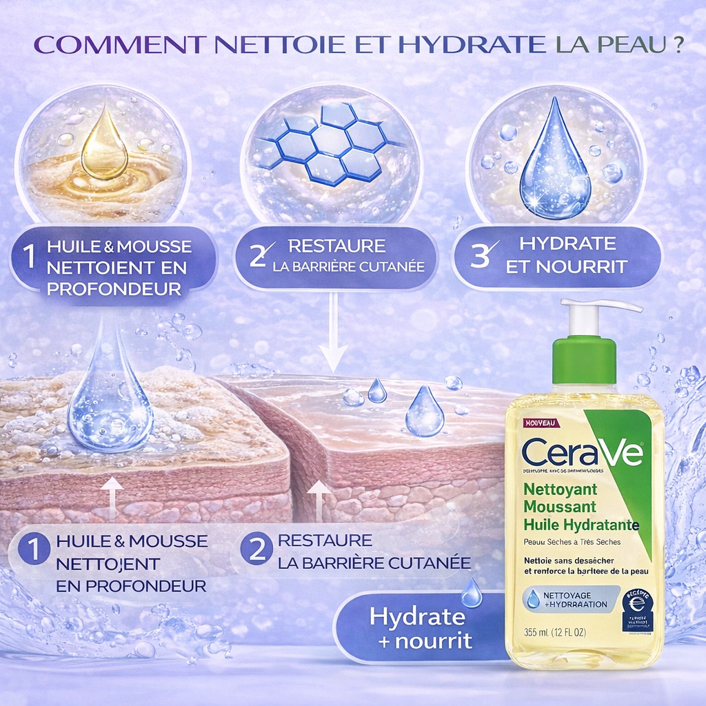 CeraVe Nettoyant Moussant Huile Hydratante – Nettoie Sans Dessécher – Peaux Sèches à Très Sèches 236ml