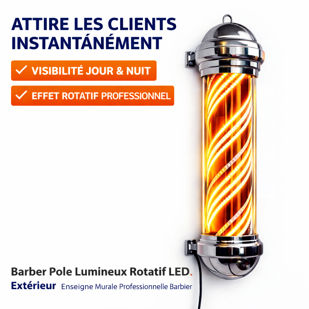 Barber Pole Lumineux Rotatif LED Extérieur – Enseigne Murale Professionnelle pour Salon de Coiffure & Barbier