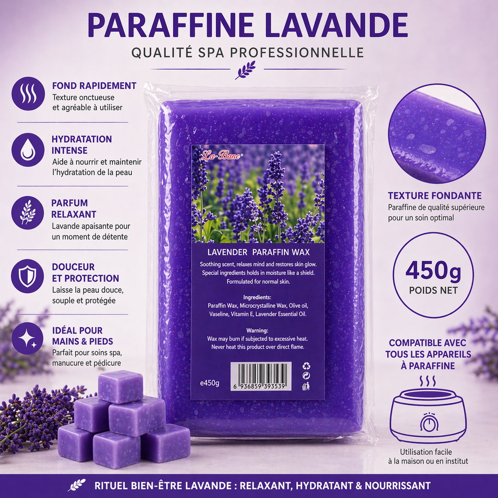 Paraffine WAX Cosmétique Lavande 450g – Soin Relaxant Mains & Pieds Spa