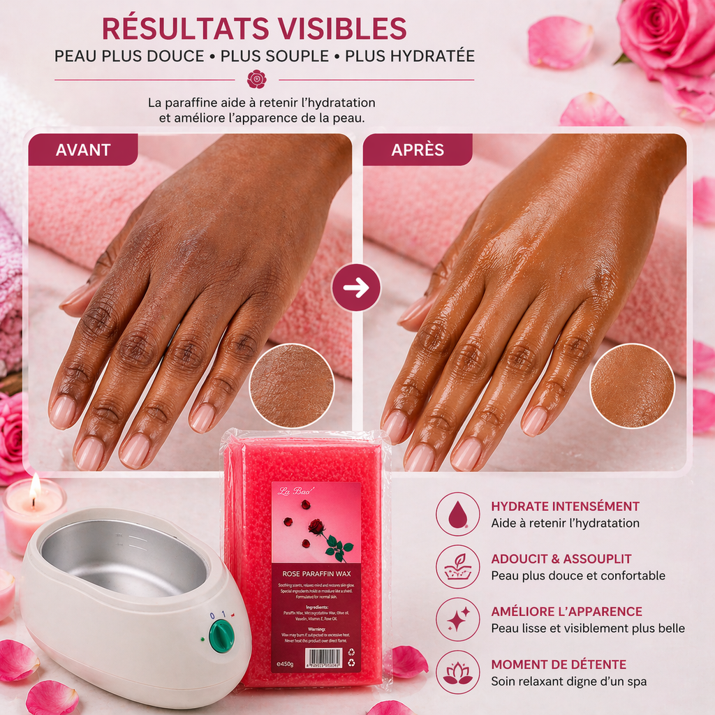 Paraffine WAX Cosmétique Rose 450g – Soin Hydratant Mains & Pieds Spa