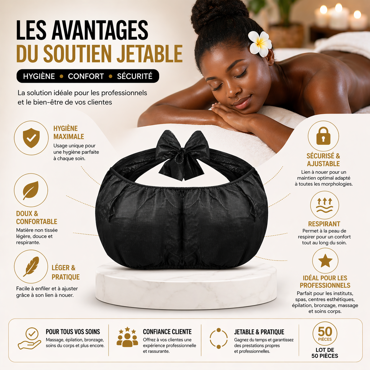 Lot de 50 Soutiens-Gorge Jetables Noir – Sous-vêtements SPA Hygiéniques pour Soins, Massage & Institut