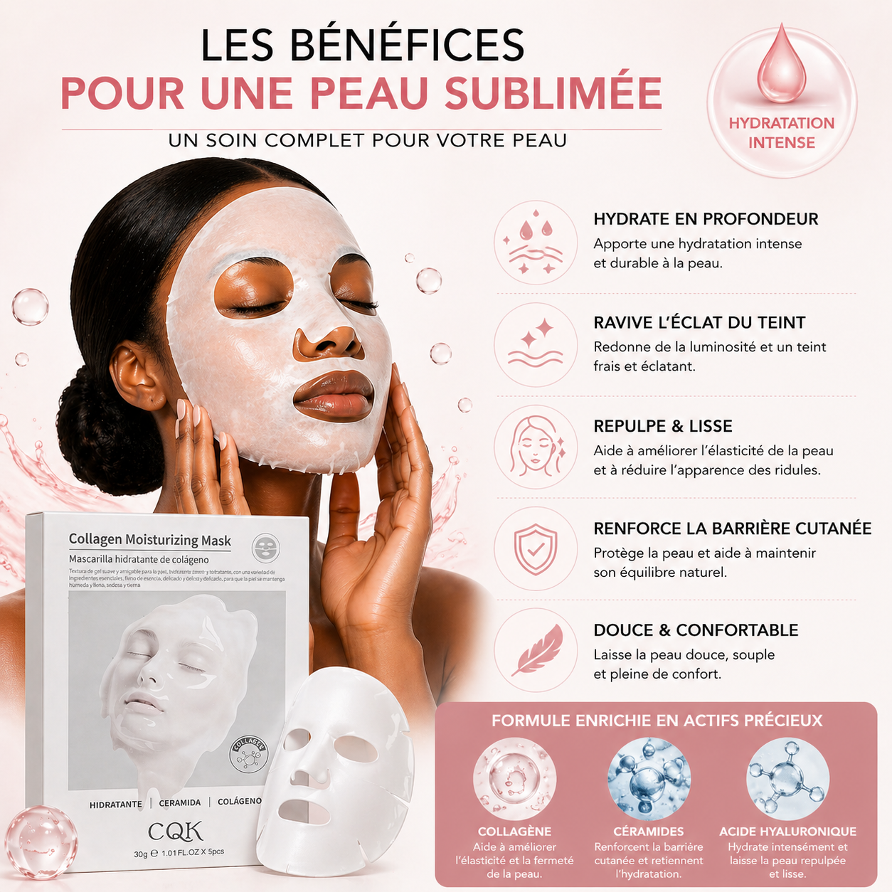 Masque Visage Hydratant au Collagène CQK – Peau Douce, Repulpée & Éclatante (Lot de 5)
