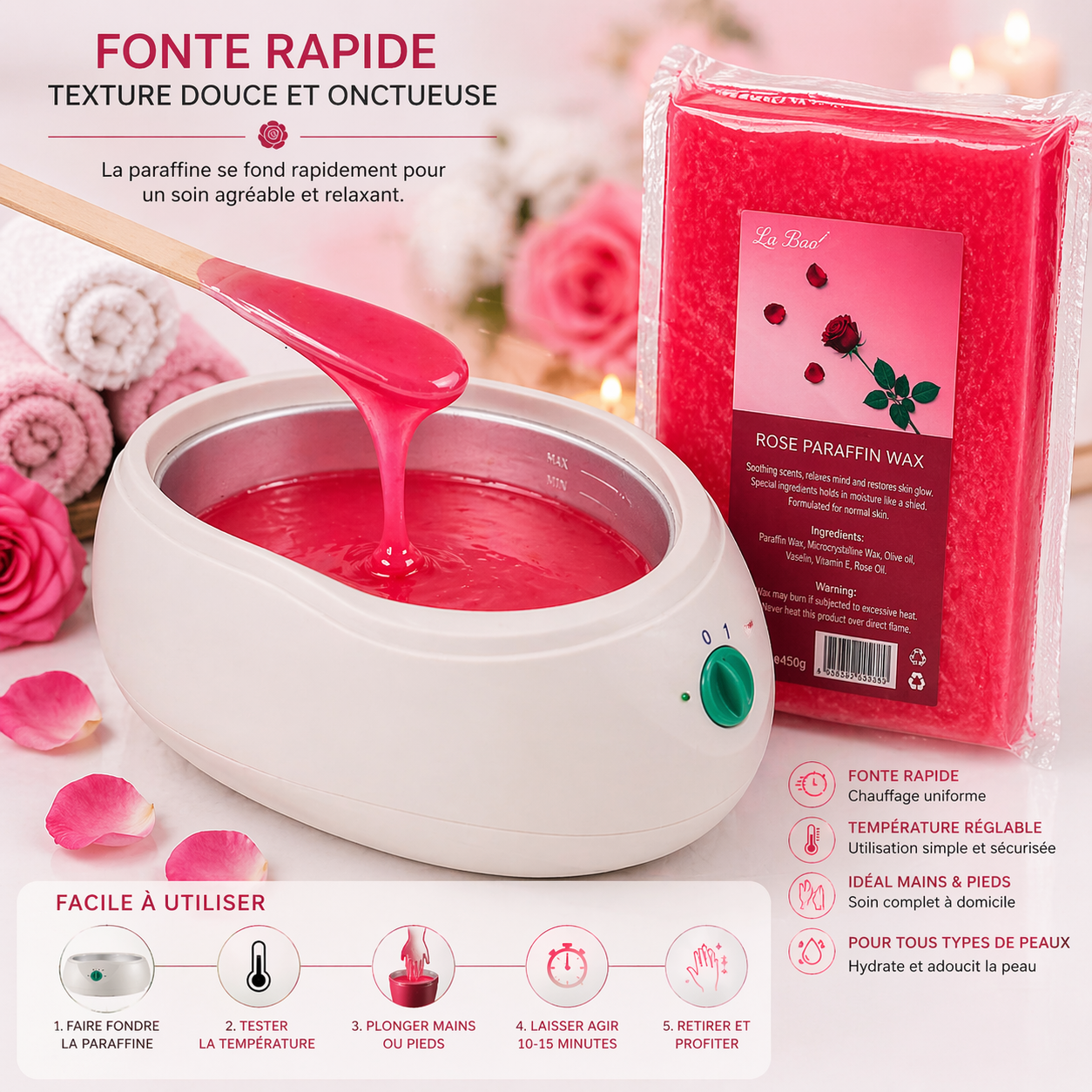 Paraffine WAX Cosmétique Rose 450g – Soin Hydratant Mains & Pieds Spa