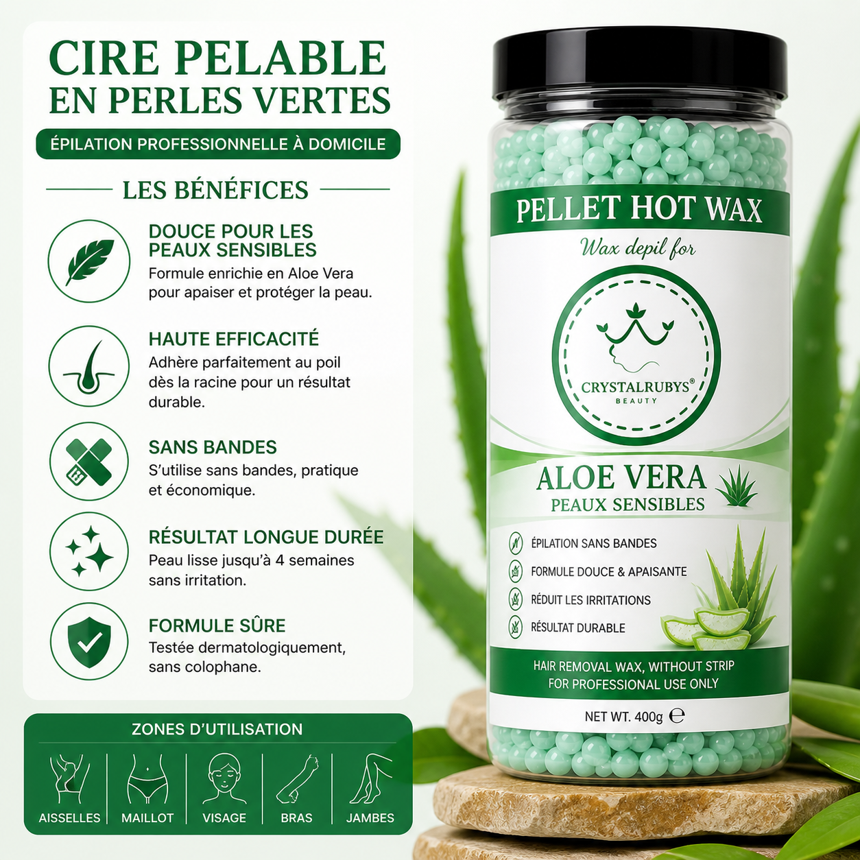 Cire Pelable en Perles Vertes – Épilation Sans Bandes Peaux Sensibles
