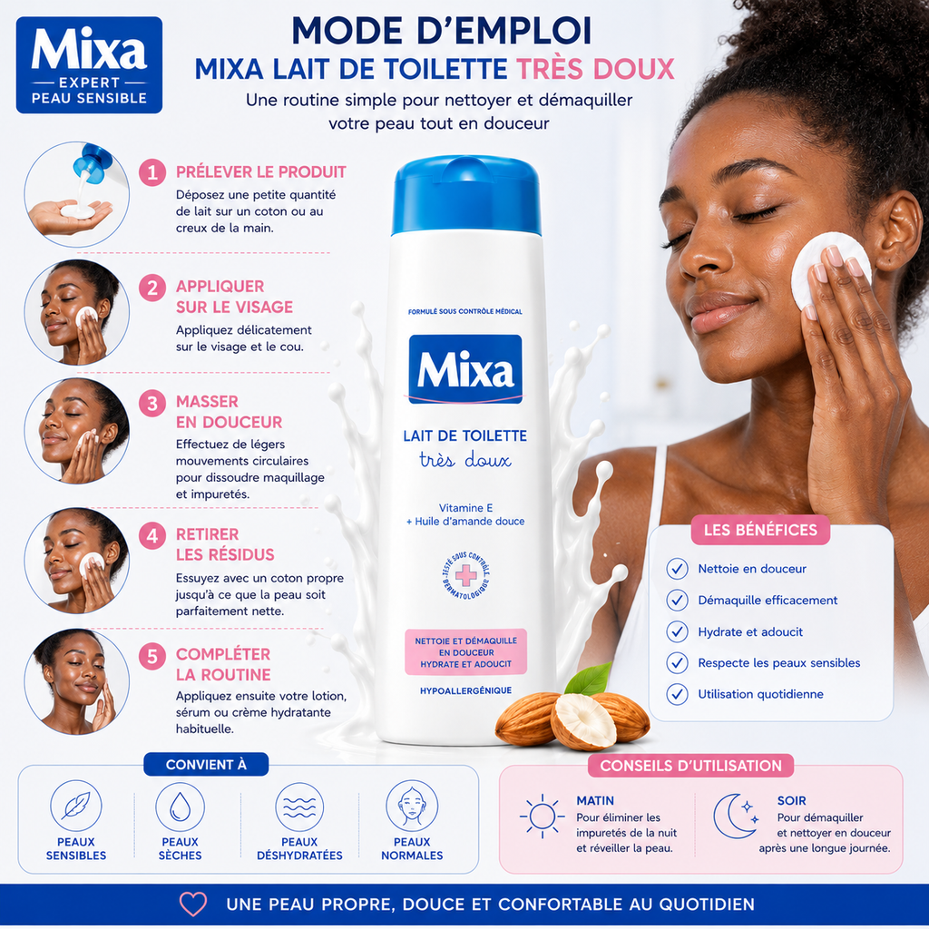 Mixa Lait De Toilette Très Doux 300ml – Nettoyant & Démaquillant Doux Pour Peaux Sensibles
