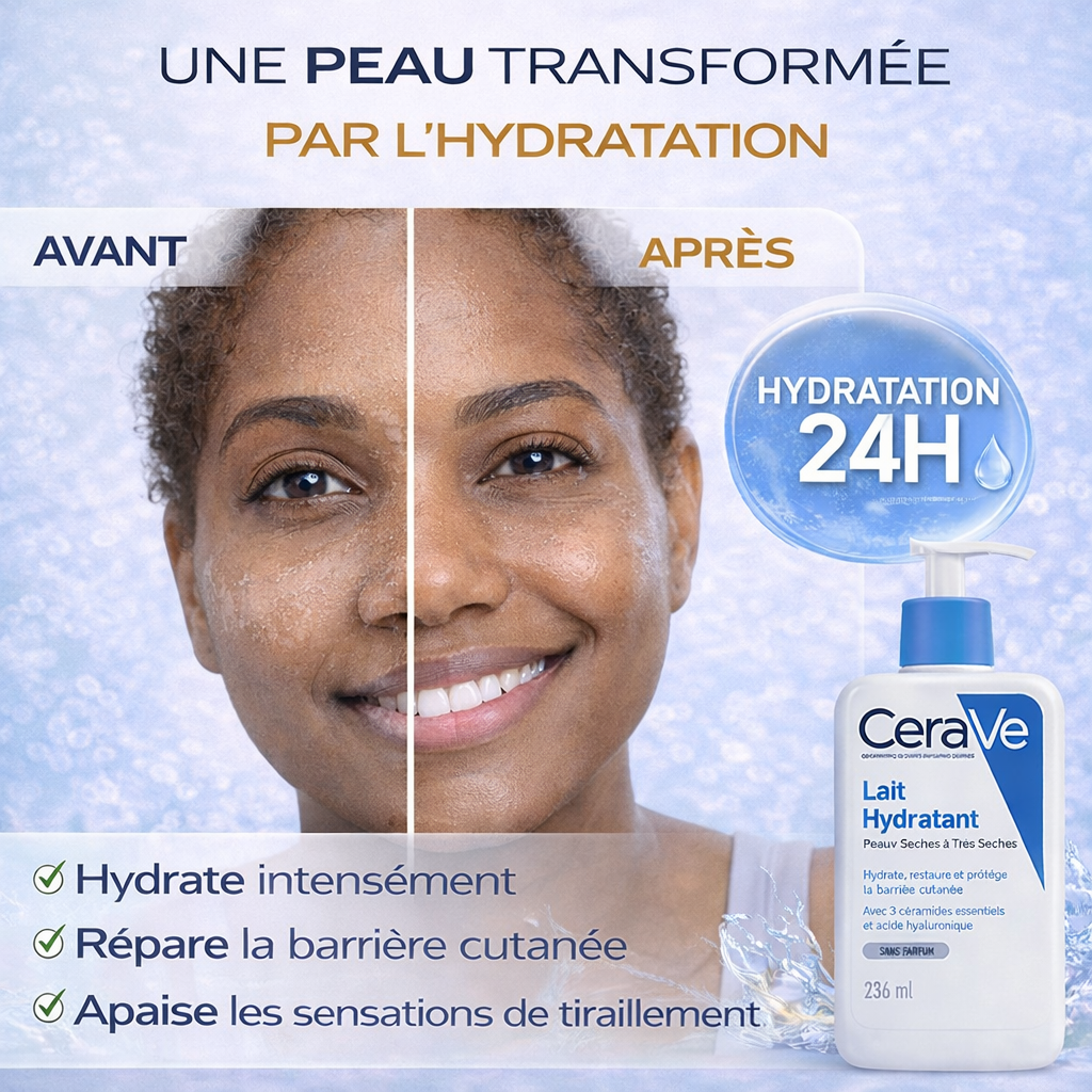 CeraVe Lait Hydratant Peaux Sèches à Très Sèches – Hydratation Longue Durée – Visage & Corps 236ml