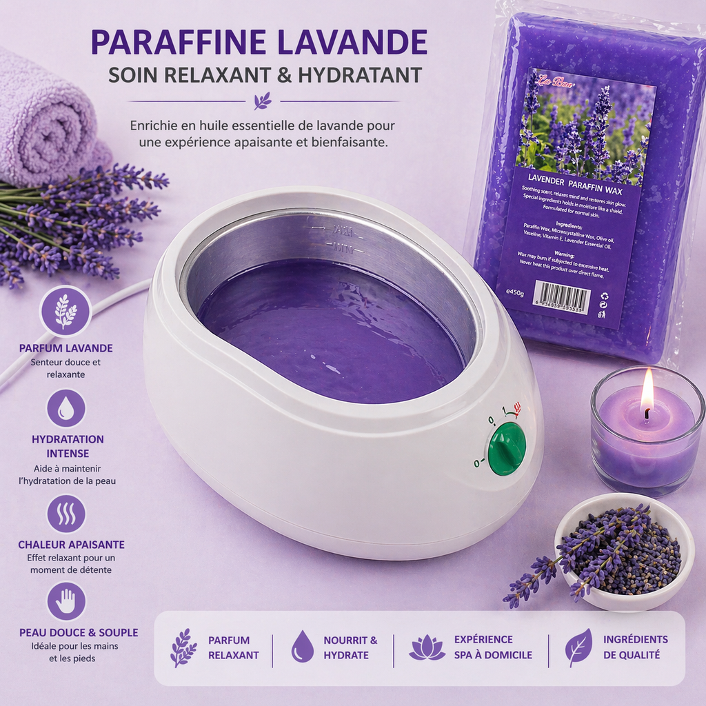 Paraffine WAX Cosmétique Lavande 450g – Soin Relaxant Mains & Pieds Spa