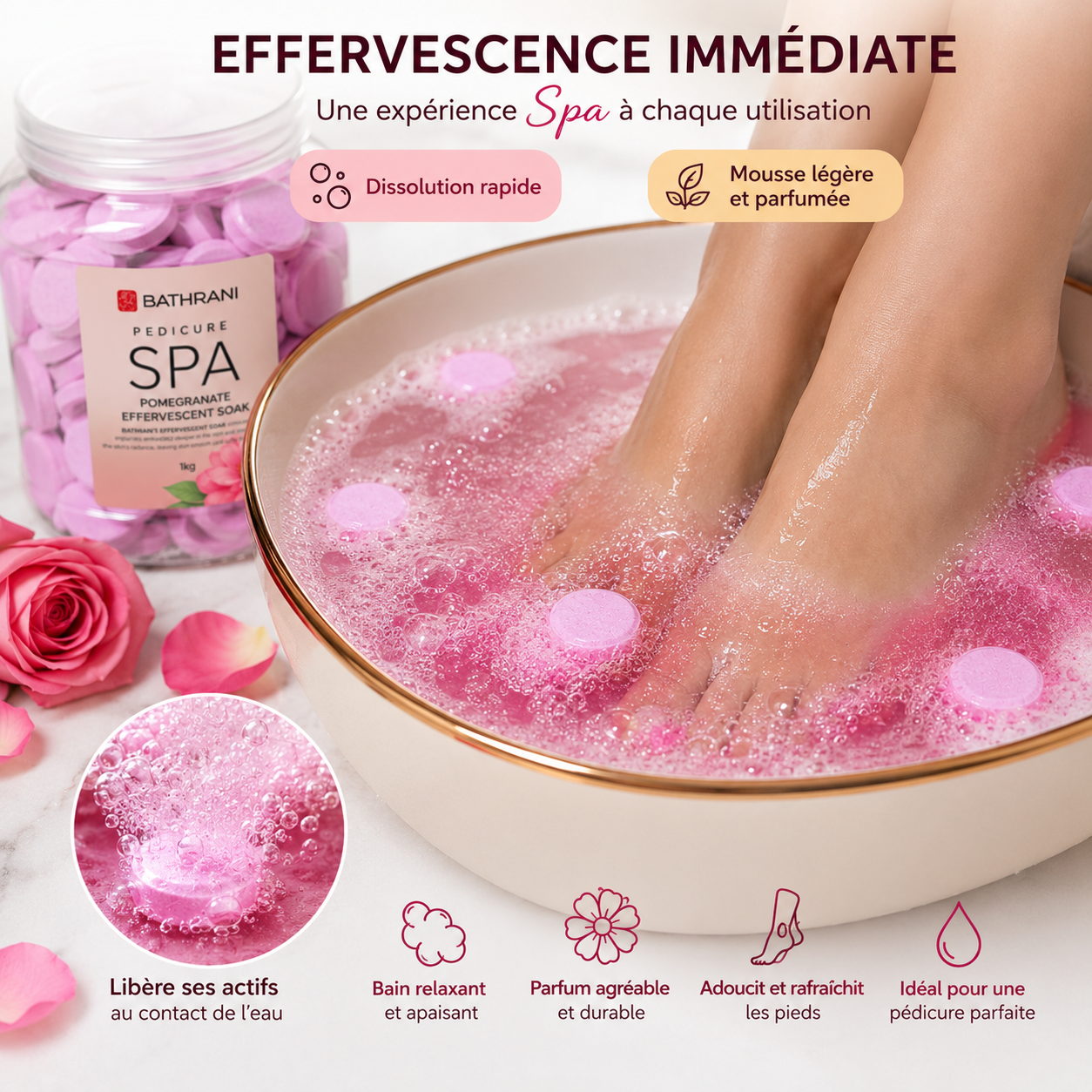 Pastilles Effervescentes Spa Pédicure 1KG – Bain De Pieds Relaxant Rose Ou Lait & Miel