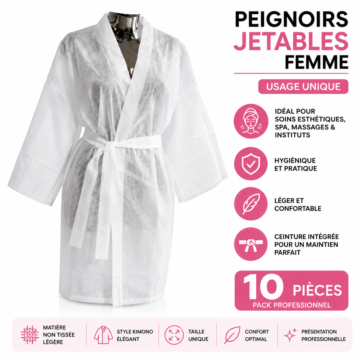 Pack de 10 Peignoirs Jetables Femme – Kimono Blanc Non Tissé pour Spa, Institut & Esthétique
