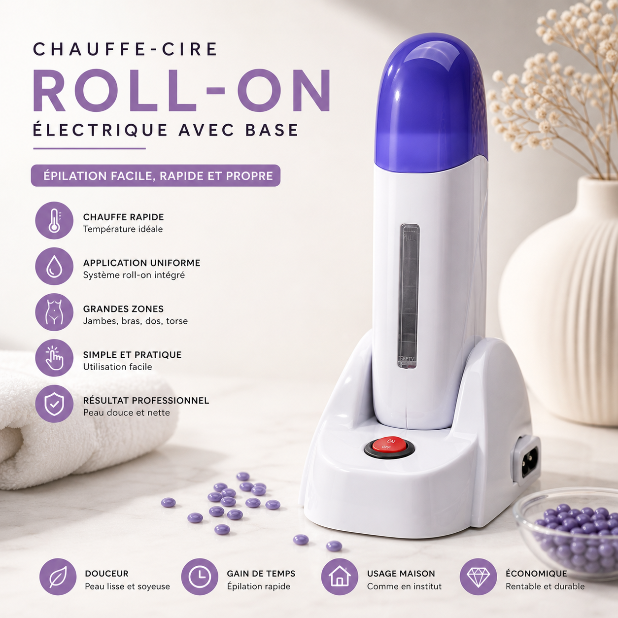 Chauffe-Cire Roll-On Électrique avec Base – Appareil Épilation Cartouche