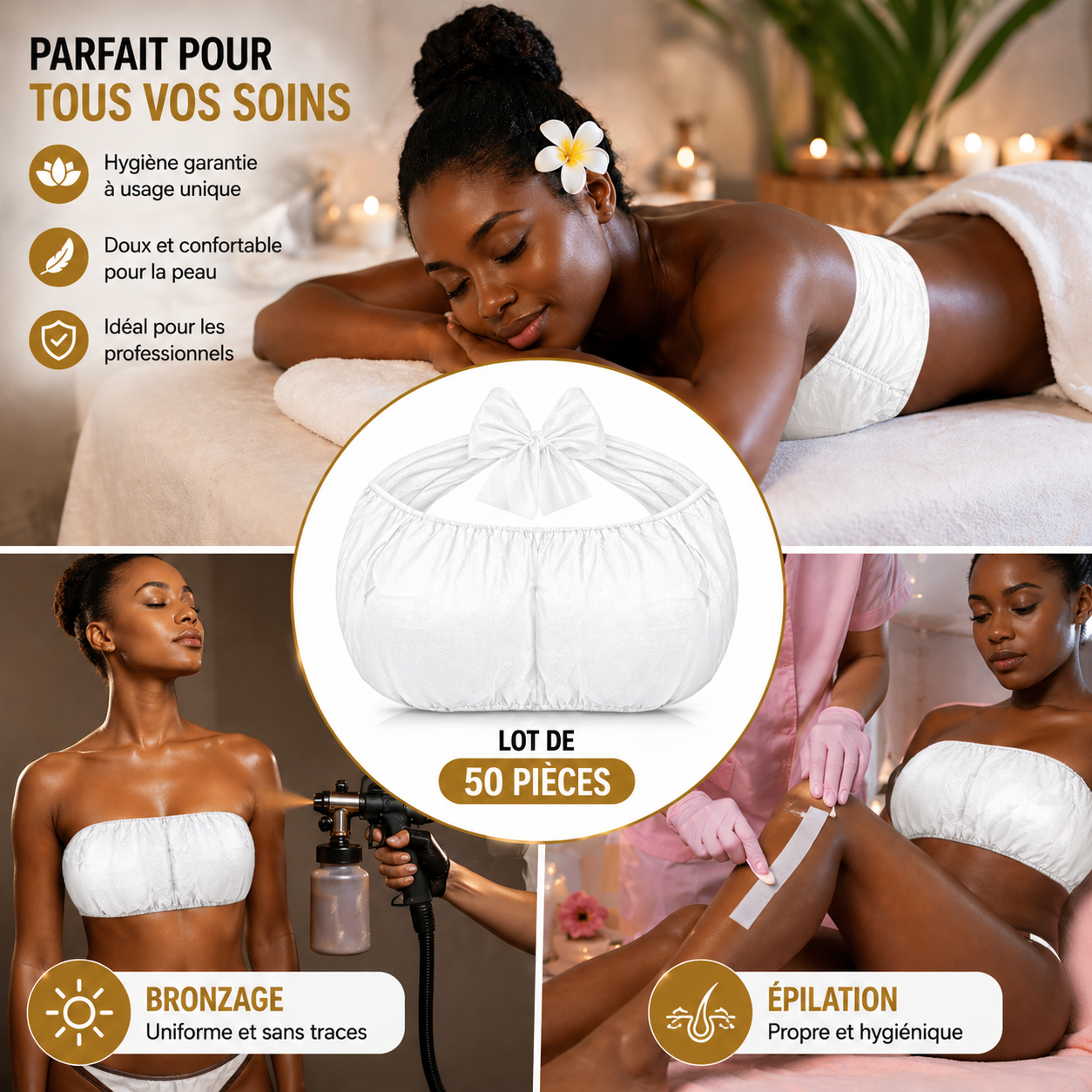 Lot de 50 Soutiens-Gorge Jetables Blancs – Non Tissé, Usage Unique, Spa & Institut Beauté