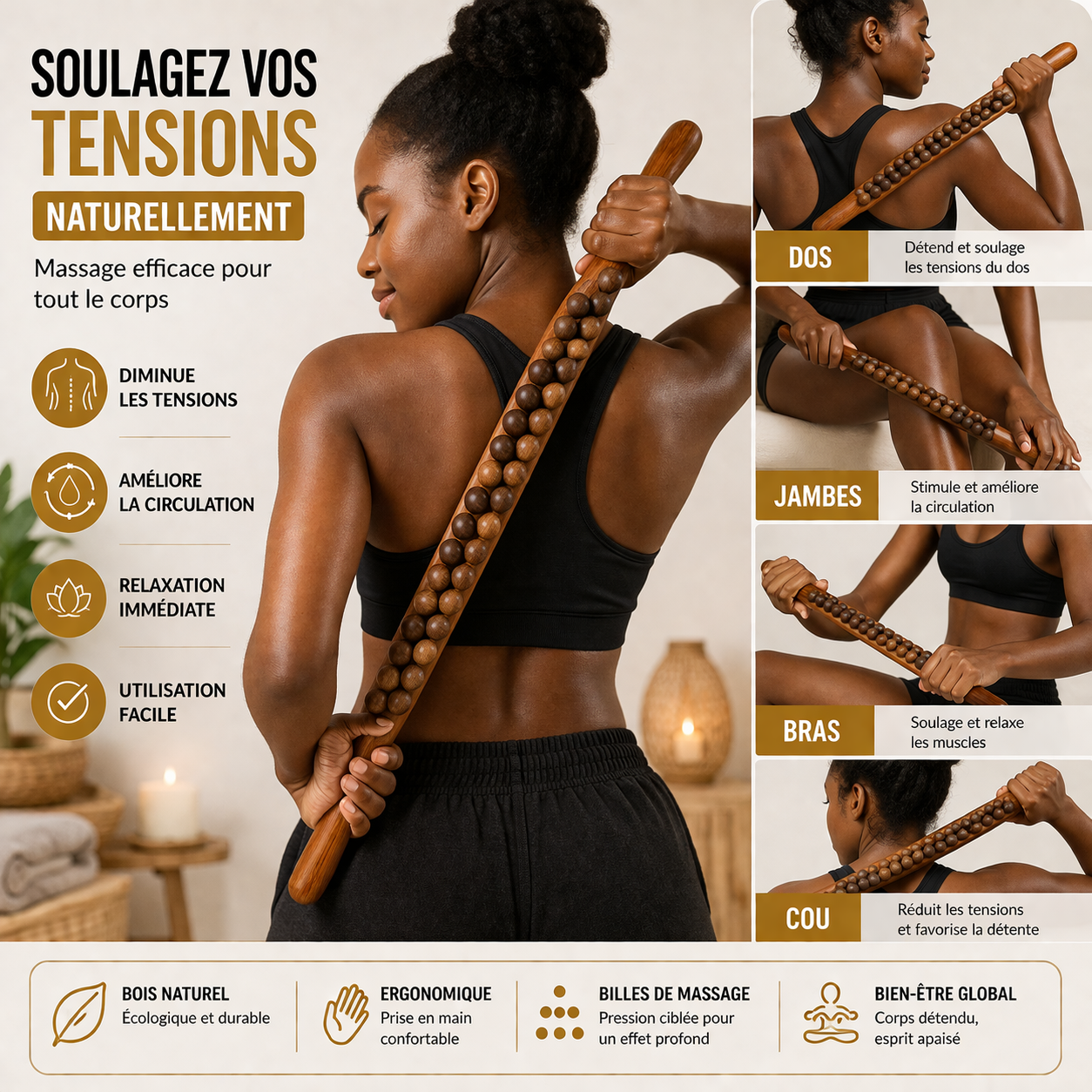 Bâton de Massage en Bois à Billes – Relaxation Musculaire & Anti-Tensions Corps
