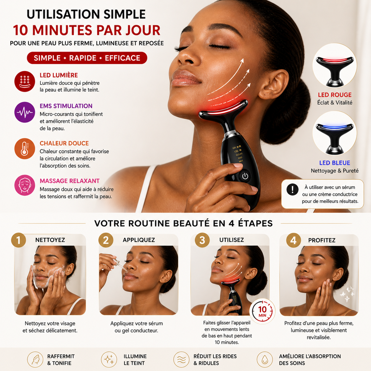 Appareil de Massage Visage LED & EMS 7 Couleurs – Outil Beauté Électrique Éclat & Détente (Blanc / Noir / Rouge)