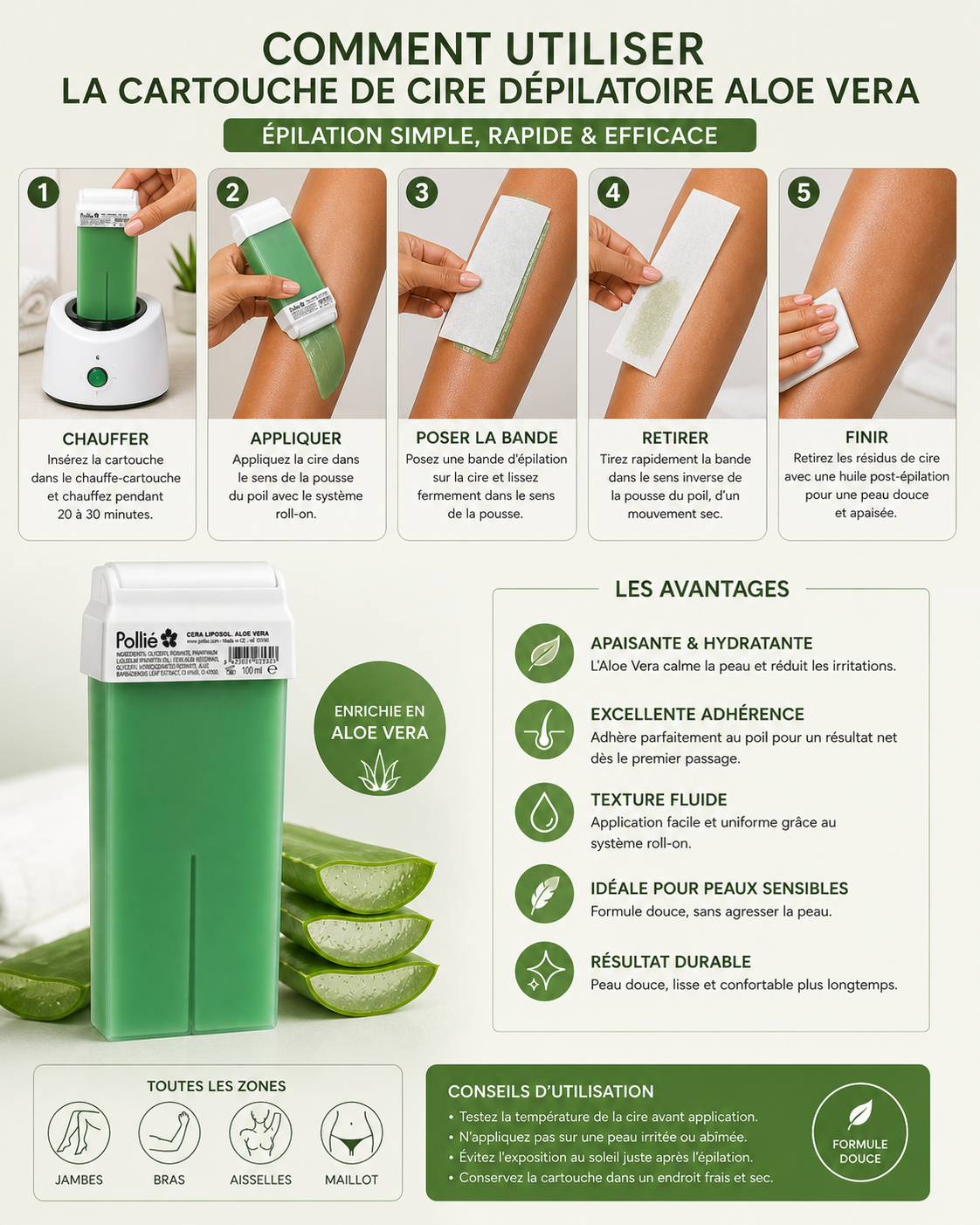 Cartouche de Cire Dépilatoire Aloe Vera 100ml – Épilation Douce & Apaisante (Roll-On Professionnel)
