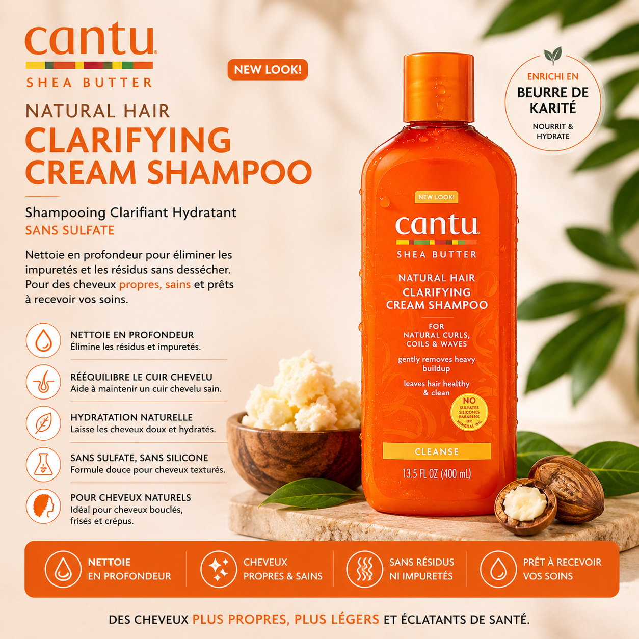Cantu Shea Butter Natural Hair Clarifying Cream Shampoo – Shampooing Clarifiant Hydratant Sans Sulfate Pour Cheveux Bouclés, Frisés & Crépus