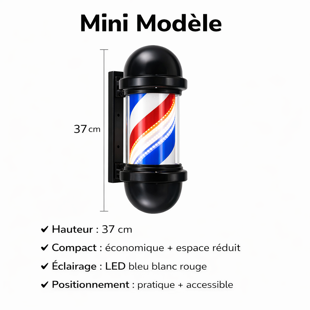 Mini Barber Pole Lumineux LED Rotatif – Enseigne Murale Compacte pour Salon de Coiffure & Barbier