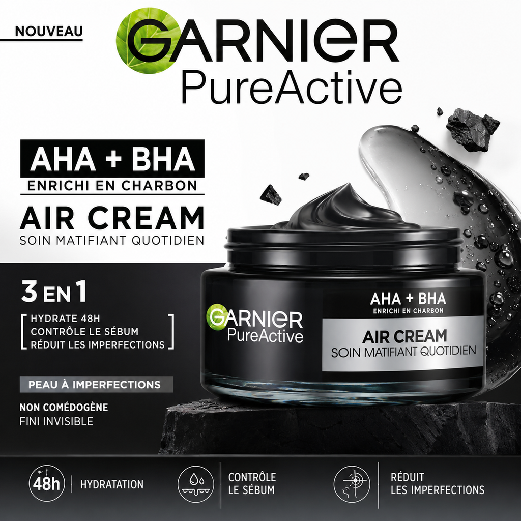 Garnier Pure Active Air Cream – Soin Matifiant Quotidien 3-en-1 AHA + BHA Enrichi En Charbon