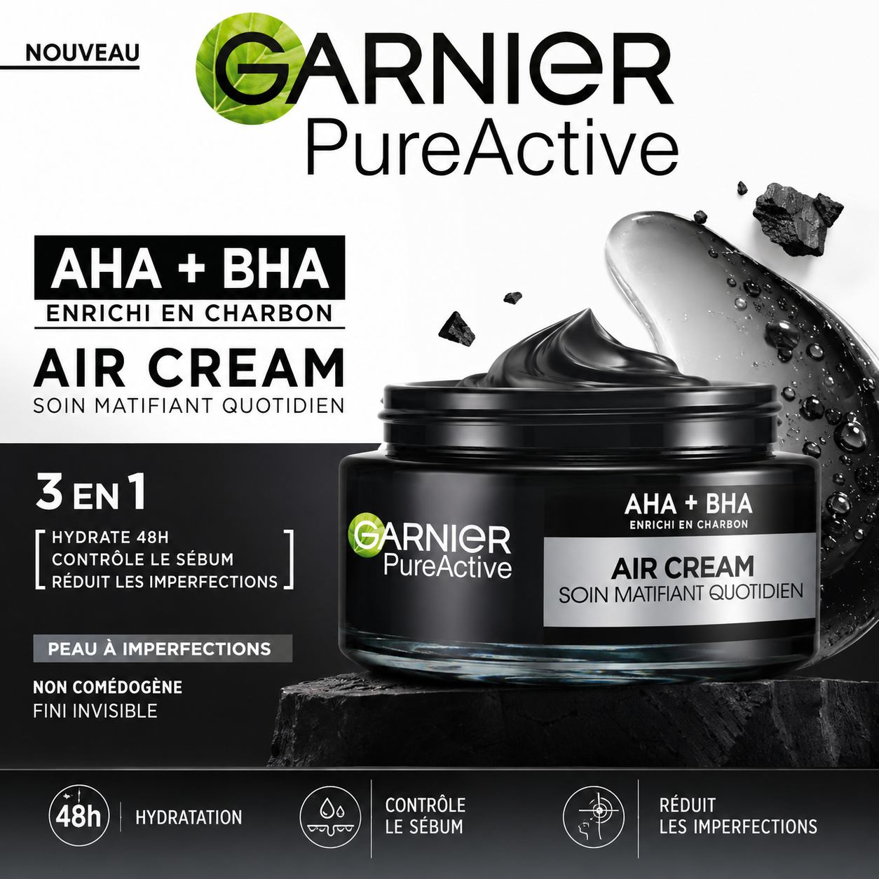 Garnier Pure Active Air Cream – Soin Matifiant Quotidien 3-en-1 AHA + BHA Enrichi En Charbon