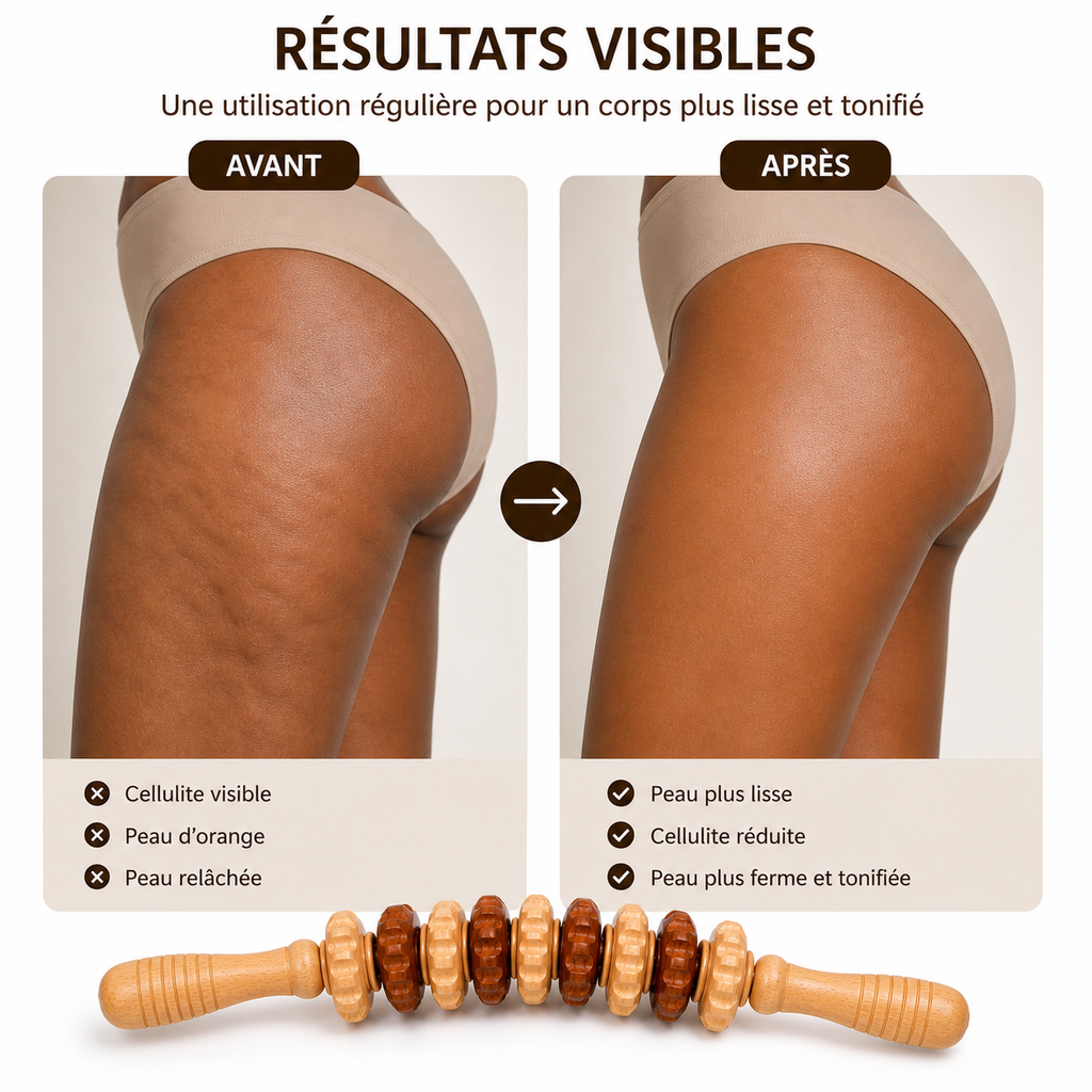 Rouleau de Massage Corporel en Bois Incurvé – 11 Roues Anti-Cellulite & Drainage