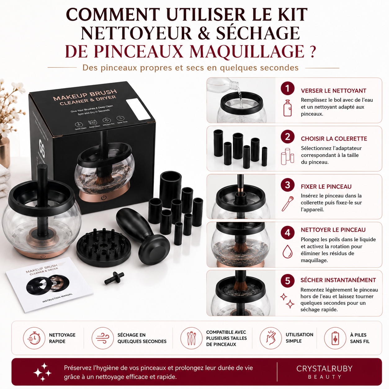 Kit Nettoyeur & Séchage de Pinceaux Maquillage à Piles