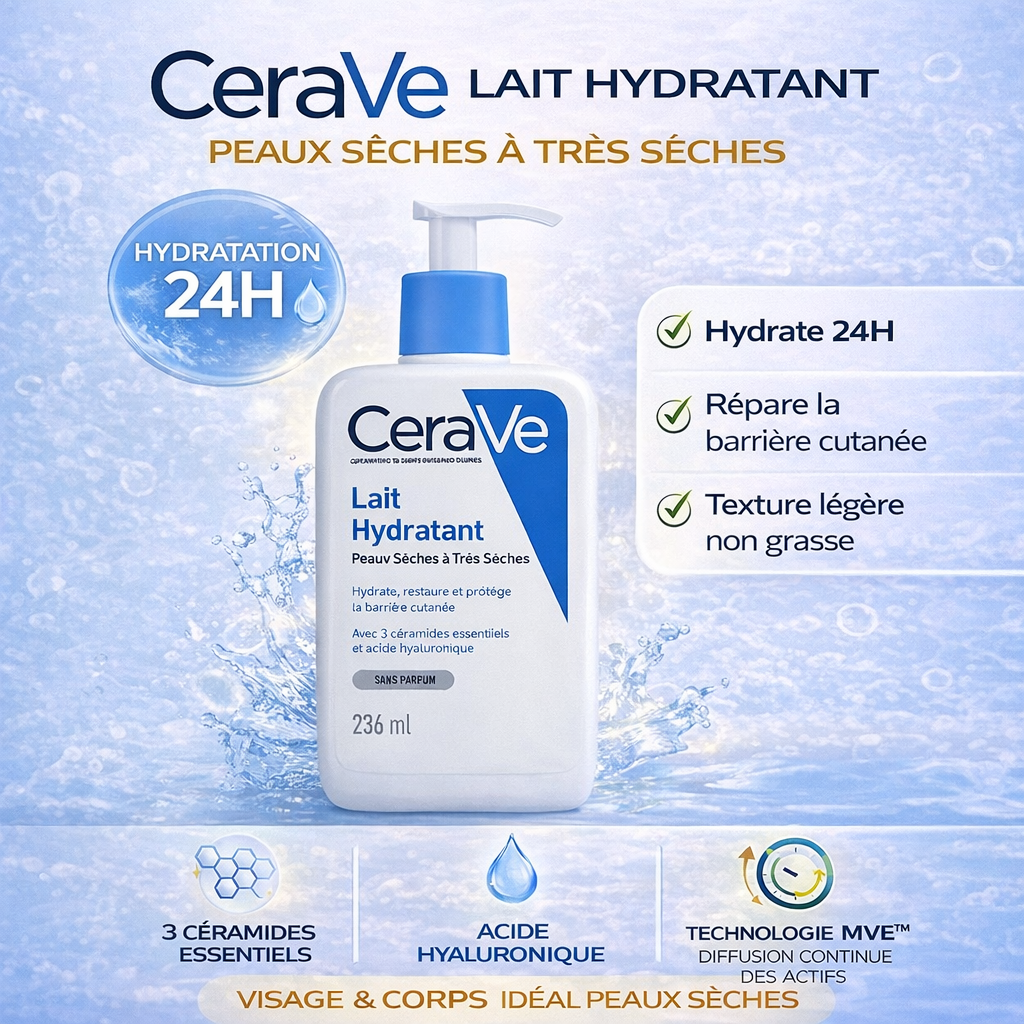 CeraVe Lait Hydratant Peaux Sèches à Très Sèches – Hydratation Longue Durée – Visage & Corps 236ml