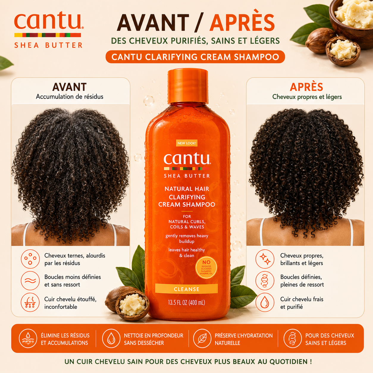 Cantu Shea Butter Natural Hair Clarifying Cream Shampoo – Shampooing Clarifiant Hydratant Sans Sulfate Pour Cheveux Bouclés, Frisés & Crépus